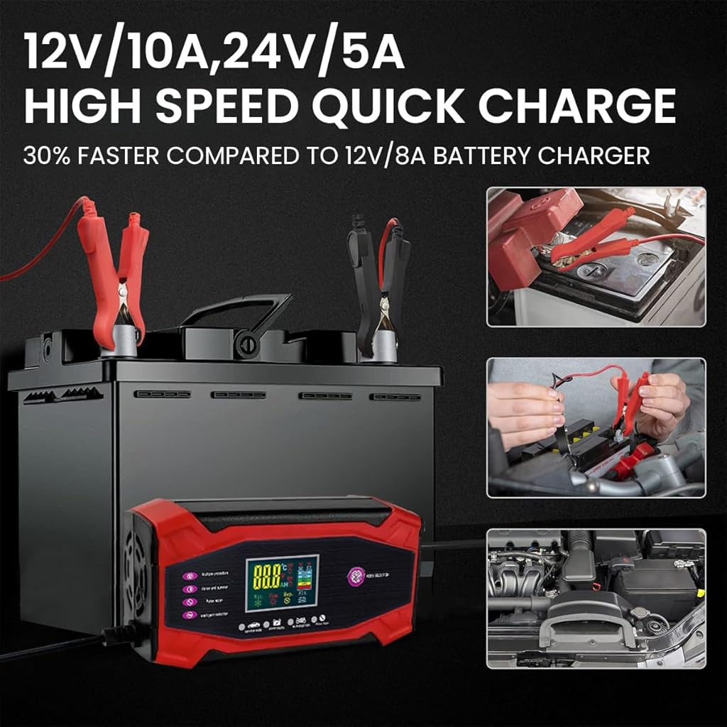 ZORBES Car Battery Charger 10A 12V /24V Automatic Battery Charger with Battery Repair Mode EU Plug & Play Smart Battery Charger with LCD Display, Safe Battery Charger for Car, Lawn Mower, RV ZORBES Car Battery Charger 10A 12V /24V Automatic Battery Charger with Battery Repair Mode EU Plug & Play Smart Battery Charger with LCD Display, Safe Battery Charger for Car, Lawn Mower, RV